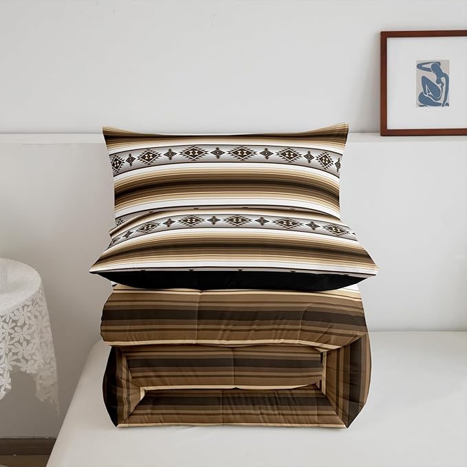 Erosebridal Rustic Lodge Cabin Comforter Set Toddler Western Boho Bedding Sets Bohemian Striped Aztec Quilt Comforter for Kids Adults Men Retro Brown Country Bed Set Farmhouse Home Decor 2 Pcs