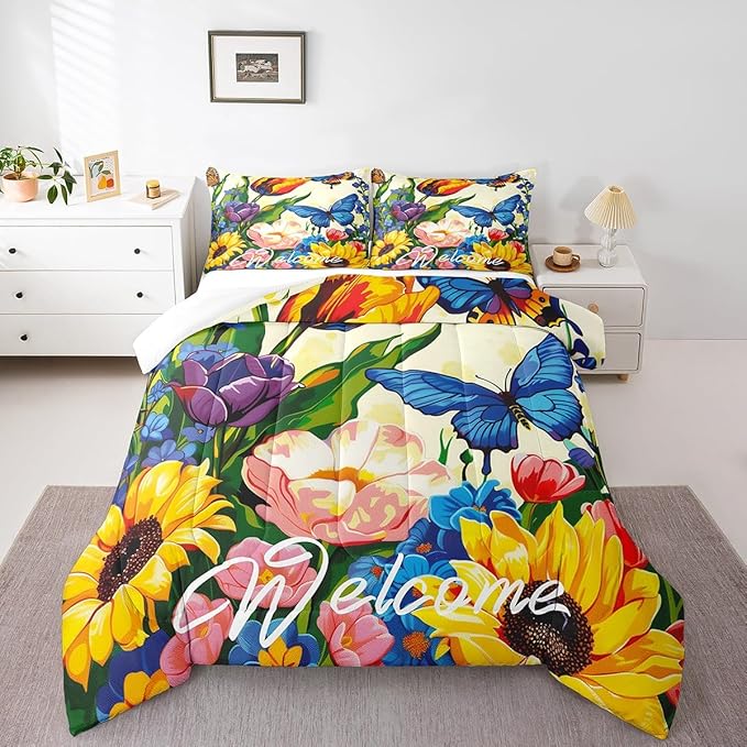 Erosebridal Watercolor Flowers Down Comforter Queen Sunflower Butterfly Comforter Set Retro Rustic Garden Style Floral Bedding Set for Teen Girls Women Boho Exotic Blossom Quilt Duvet 3 Pcs