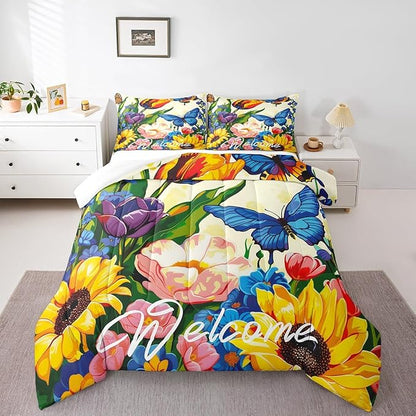 Erosebridal Watercolor Flowers Down Comforter Queen Sunflower Butterfly Comforter Set Retro Rustic Garden Style Floral Bedding Set for Teen Girls Women Boho Exotic Blossom Quilt Duvet 3 Pcs