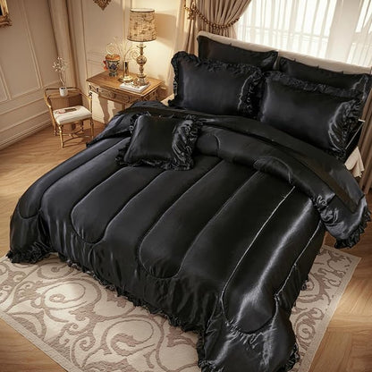 Satin Comforter Set with Sheet Set Queen 8 Pieces Silk Like Black Bedding Silky Ruffle Pattern Luxury Silky Comforter Set with 1 Cushion Cover