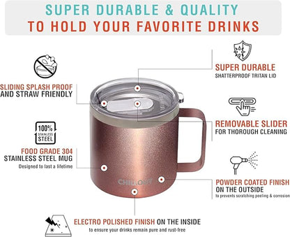 CHILLOUT LIFE Stainless Steel 16 oz (Set of 2) - Vacuum Insulated Coffee Mug with Handle and Lid, Large Thermal Camping Coffee Mug Cup with Durable Sliding Lid for Women - Rose Gold
