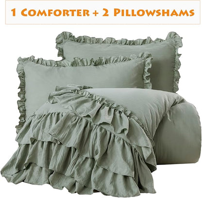 Masaca Green Ruffle Comforter Set Queen,Vintage Farmhouse Shabby Ruffled Chic Bedding Comforter,Rustic Aesthetic Bedding 3 Pieces Women Girls Bedroom Vintage Bed Comforter