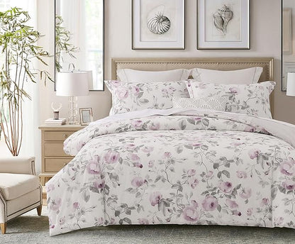 SLEEPBELLA Comforter King Size, 600 Thread Count Cotton White Print with Purple Flowers Reversible Comforter Sets, Down Alternative Bedding Set 3Pcs(King, Purple Floral)