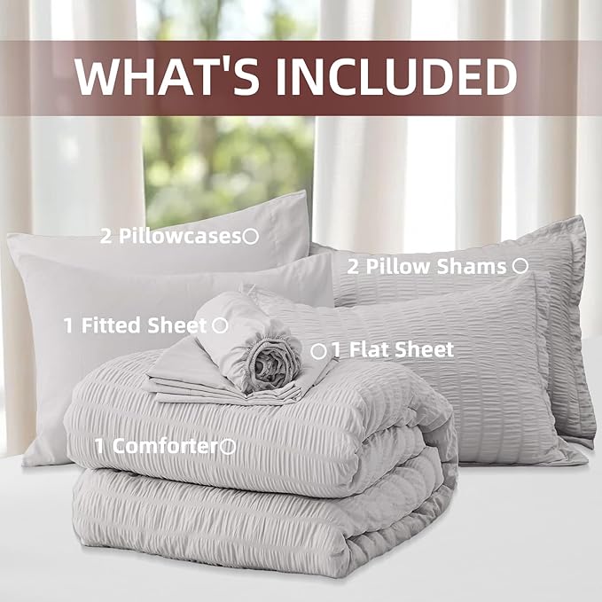 FUANNA Full Size Comforter Sets 7 Pieces, Luxury Seersucker Bed in a Bag Full for All Seasons, Soft Bed Sets with Comforter, Flat Sheet, Fitted Sheet, Pillowcases & Shams for Bedroom, Light Grey