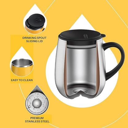 Ideus 16 oz Insulated Coffee Mug with Handle and Lid, Double Wall Stainless Steel Vacuum Thermal Coffee Mug, Travel Coffee Cup Thermal Cup for Home and Office, Leopard Yellow