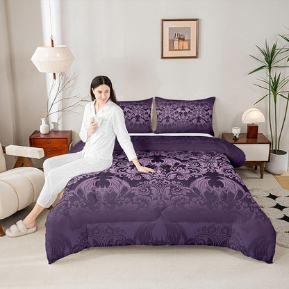 Feelyou Gothic Damask Print Comforter Set Twin Size Purple Goth Bat Victorian Floral Bedding Set for KidsBoho Bohemian Exotic Duvet Quilt Bedroom Decor Microfiber 2 Pcs with 1 Pillow Cases