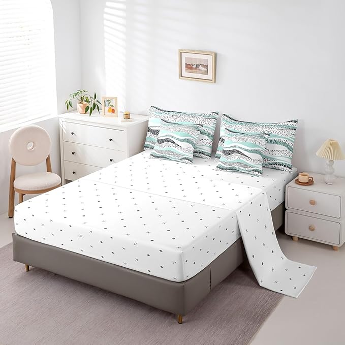 Erosebridal Geometric Wave Bed in a Bag 7-Piece Teal White Bedding Set, Black Polka Dots King Size Comforter Set Modern Abstract Art Bedding Comforter Sets, Vintage Minimalist Bed Set