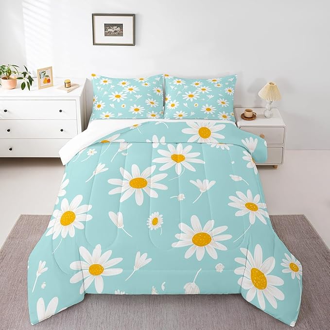 Manfei White Flower Comforter Set King Size, Botanical Garden Artwork Quilt Set with 2 Pillowcases, Daisy Floral Bedding Set 3pcs for Kids Boy Girls Bedroom Decor Lightweight Duvet Insert