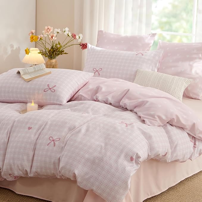 Pink Queen Comforter Set - Pink Bow Comforter Set Queen Size, Heart Quilt Bedding Set 3 Pieces, Soft & Lightweight Comforter(90‘’ x 90‘’) for Girl All Season & 2 Pillowcases(30‘’x20‘’)