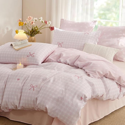 Pink Queen Comforter Set - Pink Bow Comforter Set Queen Size, Heart Quilt Bedding Set 3 Pieces, Soft & Lightweight Comforter(90‘’ x 90‘’) for Girl All Season & 2 Pillowcases(30‘’x20‘’)