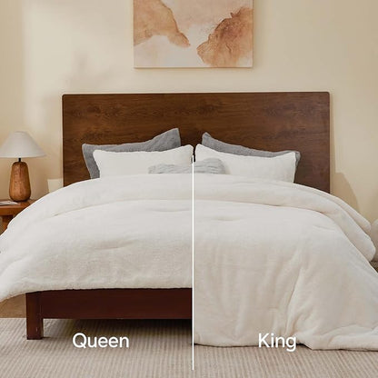 BEDELITE Faux Fur Fleece Queen Comforter Set - Fluffy & Warm Cream White Comforter Queen Size，Ultra Soft and Cozy Winter Bedding Set,Fuzzy Thick Bed Set,1 Comforter and 2 Pillowcases