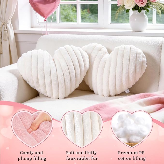2 Pack White Heart Pillow Decorative Throw Pillows, Fluffy Heart Shaped Pillow for Bed Couch Chair, Faux Fur Cute Love Pillow Cushion for Room Decor, Valentines Day, 15" x 13"
