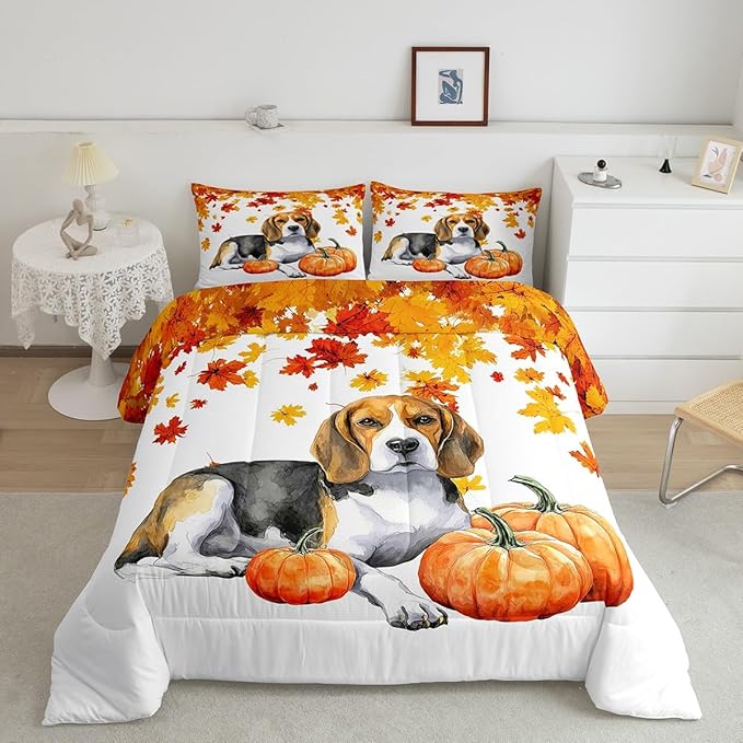 Fall Pumpkin Comforter Set Retro Watercolor Sausage Dog Quilted Duvet Full Thanksgiving Harvest Seasonal Bedding Set For Kids Boys Girls,Happy Fall Maple Leaf Soft Lightweight Comforter Orange 3 Pcs