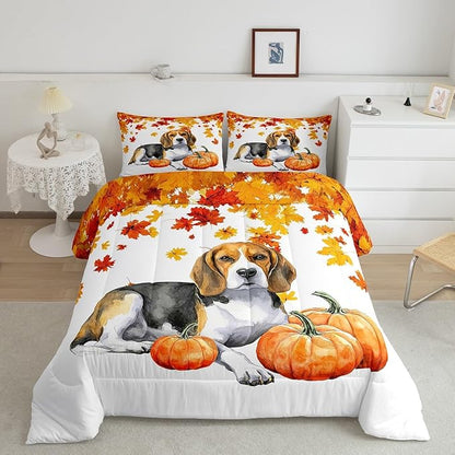 Fall Pumpkin Comforter Set Retro Watercolor Sausage Dog Quilted Duvet Queen Thanksgiving Harvest Seasonal Bedding Set For Kids Boys Girls,Happy Fall Maple Leaf Soft Lightweight Comforter Orange 3 Pcs
