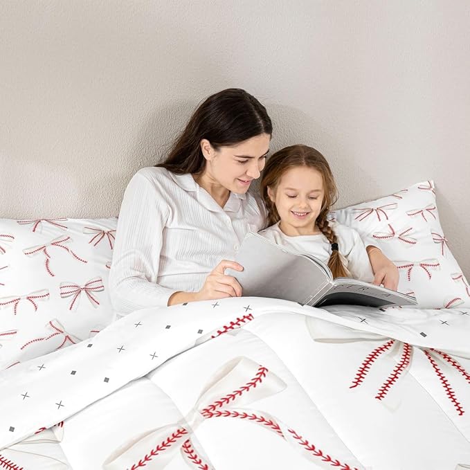 Bowknot Baseball Bedding Sets King Size,Red Lines White Bow Knot Comforter Set 3Pcs for Kids Girls Boys Women Room Decor,Baseball Sports Gaming Quilted Duvet Modern Soft Down Comforter,2 Pillowcases