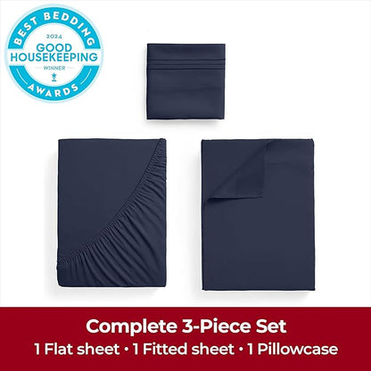 Mellanni Extra Deep Twin Sheets - 3 PC Iconic Collection Bedding - Hotel Luxury, Ultra Soft, Cooling Bed Sheets - Wrinkle, Fade, Stain Resistant (Twin, Navy Blue)