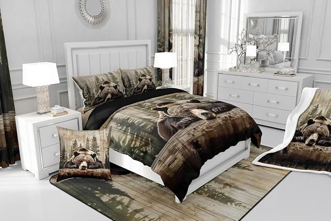Feelyou Grizzly Bear Comforter Set Full Size, Wild Animal Hunting Quilt Set with 2 Pillowcases, Western Cabin Bedding Set 3pcs for Kids Boys Teens Room Decor, Rustic Country Farmhouse Duvet Insert