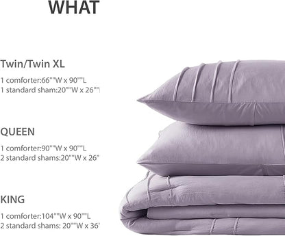 King Size Comforter Set Lavender Purple, 3 Pieces Bedding Set, Ultra Soft Prewashed Bed Set, Pinch Pleat All Seasons Lightweight Comforter and Shams