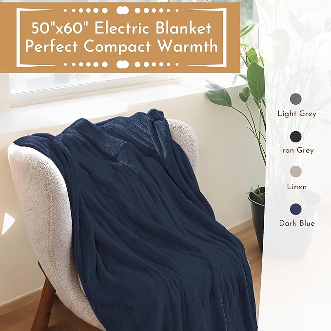 Electric Heated Blanket 50"x60" Throw Size Flannel Heated Blanket, Cozy & Warm for All Night, 5 Heat Settings & 3 Hours Auto Off, Machine Washable, Dark Blue