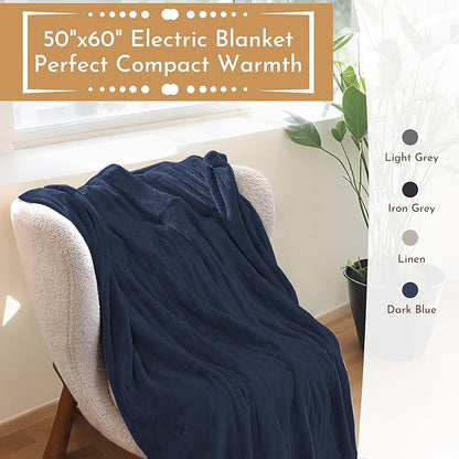 Electric Heated Blanket 50"x60" Throw Size Flannel Heated Blanket, Cozy & Warm for All Night, 5 Heat Settings & 3 Hours Auto Off, Machine Washable, Dark Blue