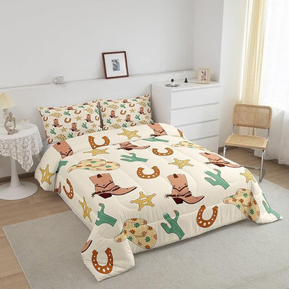 Feelyou Western Decor Bedding Set Toddler Size Wild Western Cowboy Comforter Set for Kids Boys Girls Decor Cowboy Boots Cowboy Hat Horseshoe Cactus Comforter Yellow Duvet Set