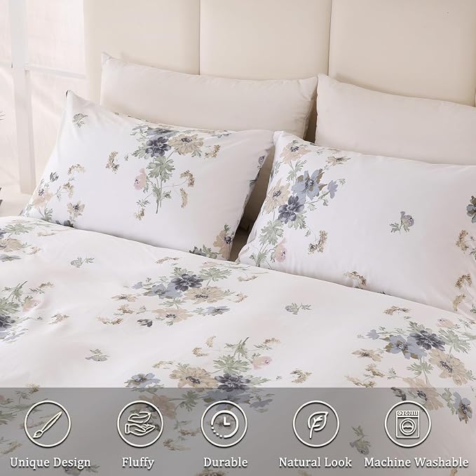 Floral Comforter King Size 100% Cotton Comforter with Blush Blue Floral 3 Pieces Vintage Botanical Bedding Sets Soft and Lightweight Comforter Set for All Seasons