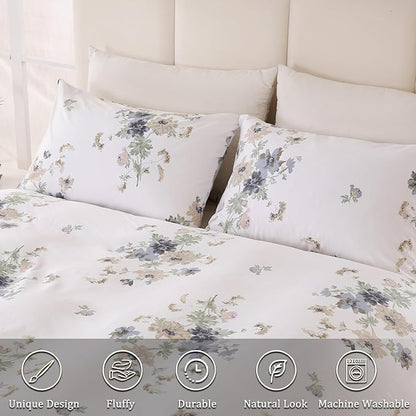 Floral Comforter King Size 100% Cotton Comforter with Blush Blue Floral 3 Pieces Vintage Botanical Bedding Sets Soft and Lightweight Comforter Set for All Seasons