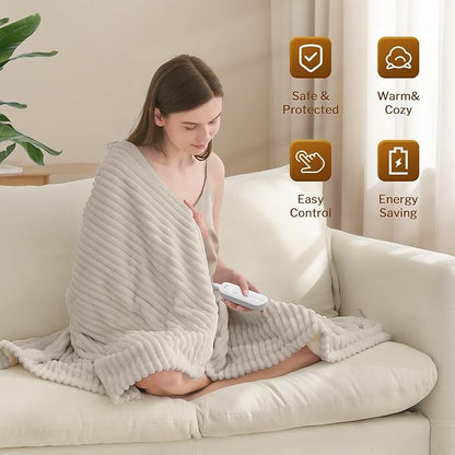 Reaks Electric Heated Throw Blanket, Silky Soft Flannel & Sherpa Heating Blanket Throw with 5 Heat Levels & 3 Hours Auto Off, Warm Gifts for Women Mom Grandma, ETL Certified (50x60 inches, Beige)