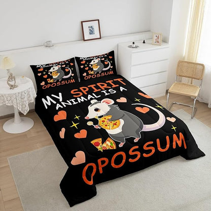 Cartoon Animal Theme 3 Pcs Queen Size Comforter Set,Pizza Candy Dessert Down Alternative Adults Room Decor,Cute Opossum Ultra Soft Microfiber Inner Fill 3Pcs Bedding