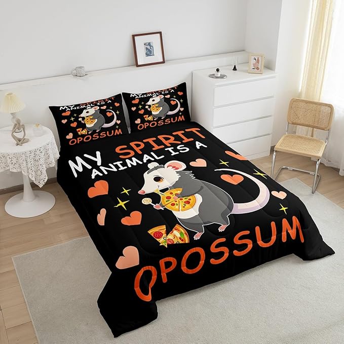 Pizza Candy Dessert Comforter Set with 2 Pillowcases,Cartoon Animal Theme Super Soft Microfiber Bedding Set for Adults Teens,Cute Opossum Duvet Set for Room Decor,King