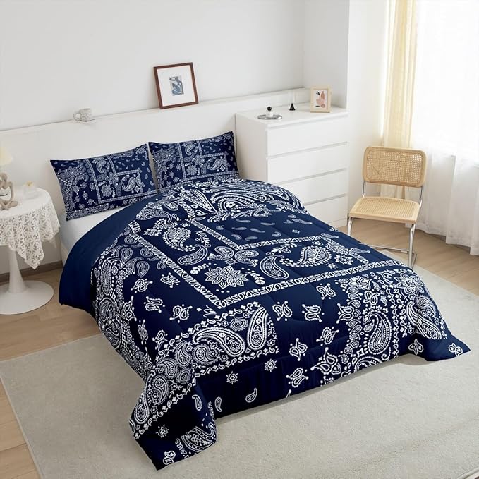 Manfei Boho Paisley Comforter Set Twin Size, Jacquard Paisley Flower Bedding Set 2pcs, Navy Blue and White Floral Print Down Comforter, Teens Women Adults Room Decor, 1 Pillowcase, No Sheets