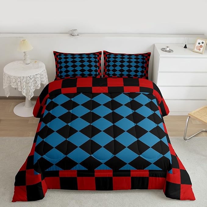 Feelyou Checkered Retro Bedding Set for Boys Girls Red Blue Black Plaid Comforter Set Twin Size Geometric Vintage Duvet Quilt Modern Simple Groovy Aesthetic Bedroom Decor 2 Pcs with 1 Pillow Cases