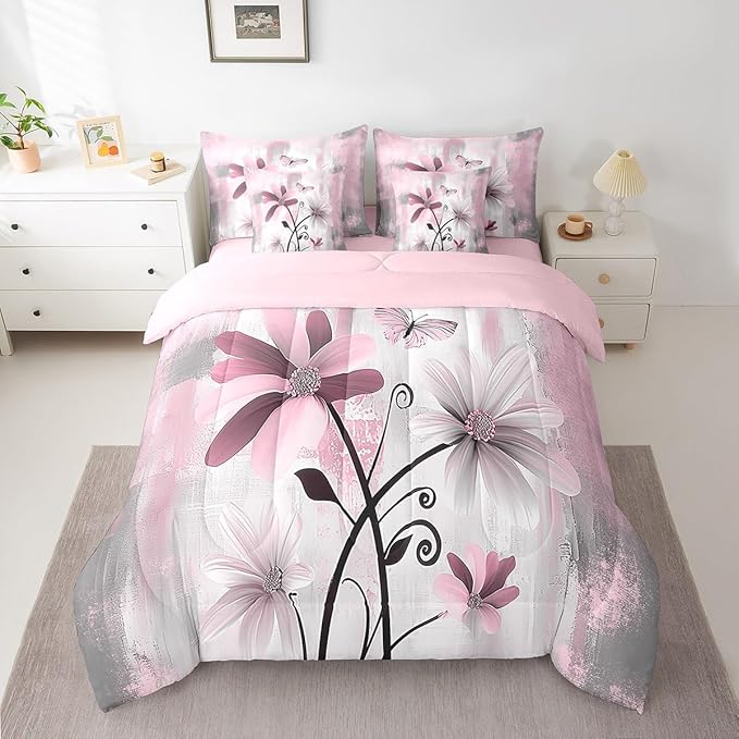 Feelyou Girls Daisy Flower Comforter Set with Sheets King Size 7 Pieces Kids Vintage Floral Butterfly Bedding Set for Boys Women Teens Pink White Grey Simple Modern Abstract Art Bed in a Bag