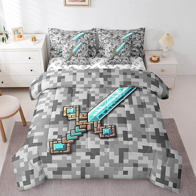 Cartoon Sword 7Pcs Comforter Set Queen Size,Pixelated Themed Games Bedding Set,Blue Sandbox Block Fitted Flat Sheet for Kids Boys Teens Men Room Decor,Grey Check Camo 2 Throw Pillow,2 Pillowcases