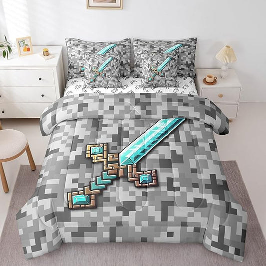 Cartoon Sword 7Pcs Comforter Set Queen Size,Pixelated Themed Games Bedding Set,Blue Sandbox Block Fitted Flat Sheet for Kids Boys Teens Men Room Decor,Grey Check Camo 2 Throw Pillow,2 Pillowcases