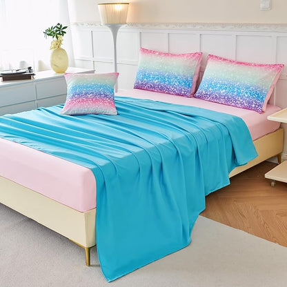 PERFEMET Blue Green Twin Comforter Set for Girls, 6 Pcs Colorful Rainbow Kids Bedding Sets, Tie Dye Ombre Twin Comforter Set with Sheets, Gradient Glitter Bed Sets for Bedroom Decoration
