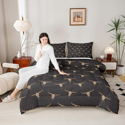 Erosebridal Bull Skull Comforter Set Queen Ethnic Bohemian Bedding for Men Boys | Tribal Steer Skull Wildlife Aztec Bedroom Decor Farmhouse Cabin Lodge Duvet Insert with 2 Pillow Cases,Black Brown
