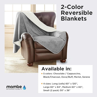 Mambe Silky Waterproof Throw for Protecting Furniture Bed Couch from Stains Caused by Dogs, Cats, Incontinence. Soft, Washable, Reversible. (Size Small 2-Pack 30x35 inches, Color Buff/Dove)
