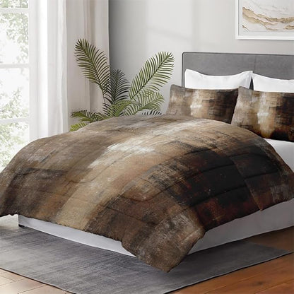 Twin Size Comforter Set with Pillowcase, Beige Brown Contemporary 2 Pcs Bedding for Kids and Adults, Grey Abstract Painting Soft Comforter Set for Bedroom Bed Decor