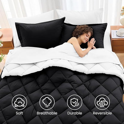 MUXHOMO 5 Pieces Twin XL Comforter Set, Reversible Bed in a Bag Twin XL Size, All Season Bedding Set with Comforter, Flat Sheet, Fitted Sheet, Pillowcases & Shams, Black & White