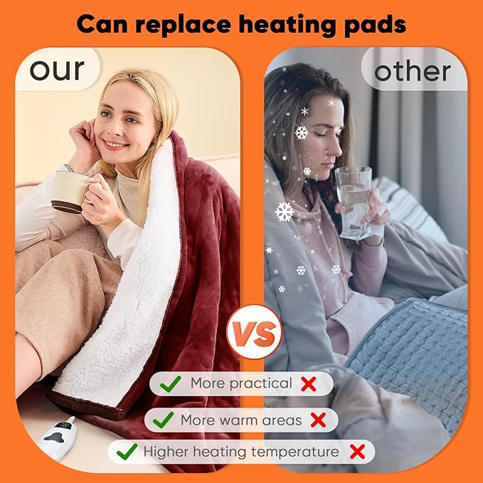 greenoak Heated Blanket Electric Twin 62"X84", Heating Blanket with 10 Levels 1/2/4/6/8 Hours Auto-Off, Flannel Sherpa Soft Warm Heater Christmas Blanket,Red