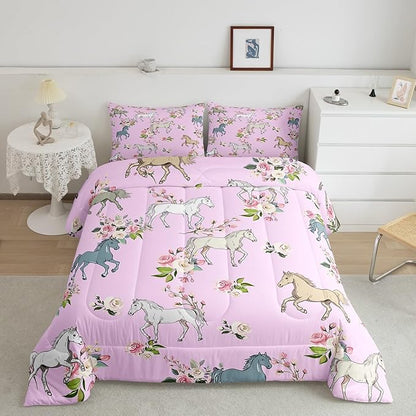 Erosebridal Horse Comforter Set Twin Rose Bedding Set for Girls Boys Kids Teens Western Cowboy Cowgirls Wild Animal Floral Down Comforter Cute Horses Flower Duvet Insert Lightweight, Pink
