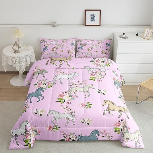 Erosebridal Horse Comforter Set King Rose Bedding Set for Girls Boys Kids Teens Western Cowboy Cowgirls Wild Animal Floral Down Comforter Cute Horses Flower Duvet Insert Lightweight, Pink