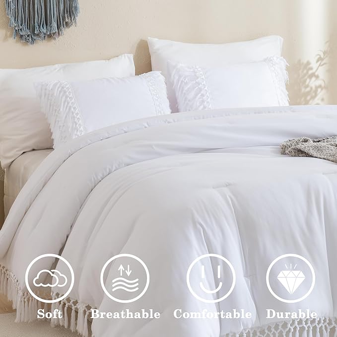 Andency White Full Size Comforter Set, 3 Pieces Boho Tassel Lightweight Soft Bedding Comforter Sets, All Season Fluffy Fringe Bed Set (79x90In Comforter & 2 Pillowcases)