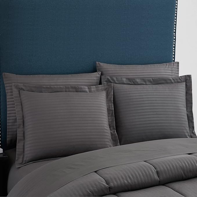 Sweet Home Collection 6 Piece Bed in a Bag with Dobby Stripe Comforter, Sheet Skirt, and Sham Set, Twin, Gray (Pack of 4)