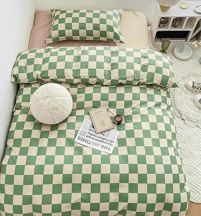 KAREVER Green White Grid Comforter Set Full Sage Green Plaid Bedding Set Girls Light Green White Checkered Bed Set Breathable Blanket Set Kids Durable Bedding Comforter Set