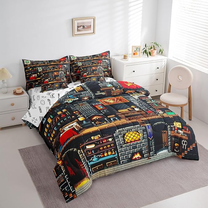 Building Games 7Pcs Comforter Set Queen Size,Sandbox Block Pixelated Bedding Set for Kids Teens Boys Room Decor,Miner Style Fitted Flat Sheet Cartoon Gamepad Reversible 2 Throw Pillow,2 Pillowcases