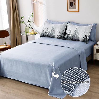 WONGS BEDDING Comforter Set King, Blue 7 Pieces Bed in a Bag Abstract Art Gradient Comforter Dusty Blue Soft Microfiber Bedding with Comforter, Flat Sheet, Fitted Sheet, Pillow Shams,Pillowcases