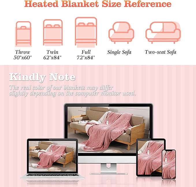 Heated Blanket Electric Throw 50"x60" Heating Blanket 450gsm Ribbed Flannel Sherpa Ultra-Soft with 5 Heating Levels and 4 Hour Auto Off, ETL & FCC Certified Electric Blanket, Great Winter Gift, Pink