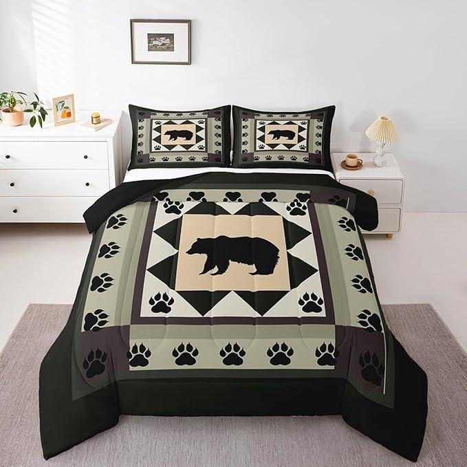 Feelyou Western Rustic Bear Print Full Size Comforter Set,Wild Animal Hunting Theme Bedding Comforters Bedroom Collection, Rustic Cabin Country Decor Bedding Set for Girls Teens with 2 Pillowcases